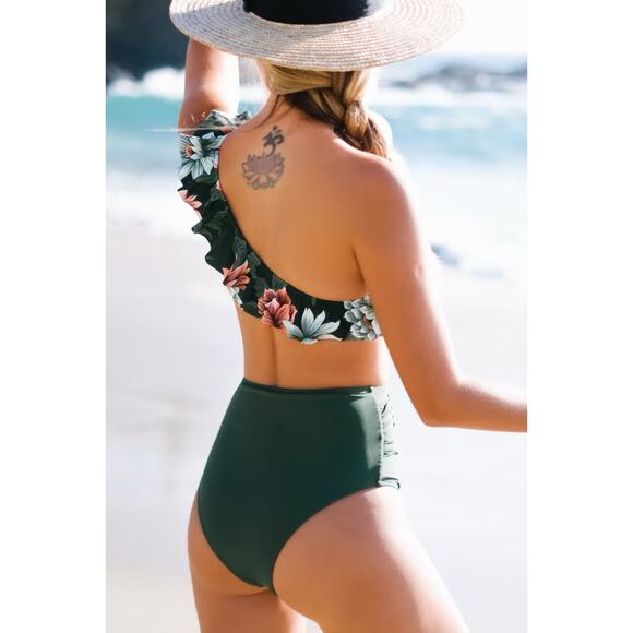 Cupshe Dark Green Floral One Shoulder Ruffle High Waisted Bikini Set Size Small - Picture 3 of 14